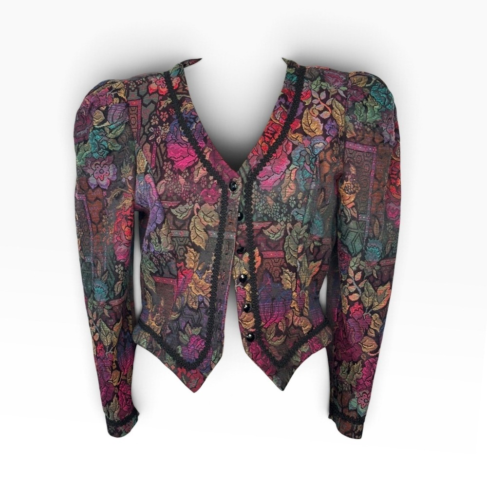 Cachet Tapestry Jacket Womens M Multi-Color Excellent 80s Floral Lace Trim